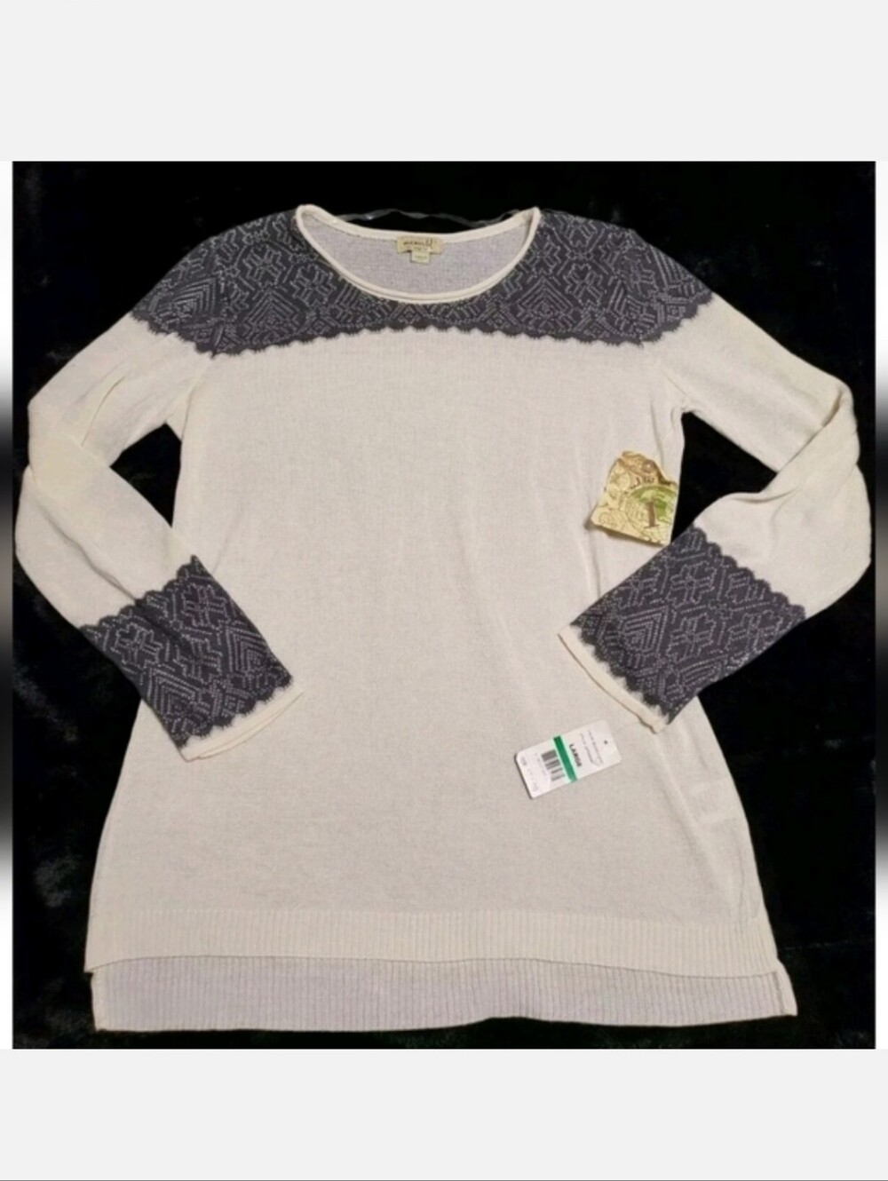 One World Cream/Ivory Lace Print Long Sleeve Sweater Top Sz L $72